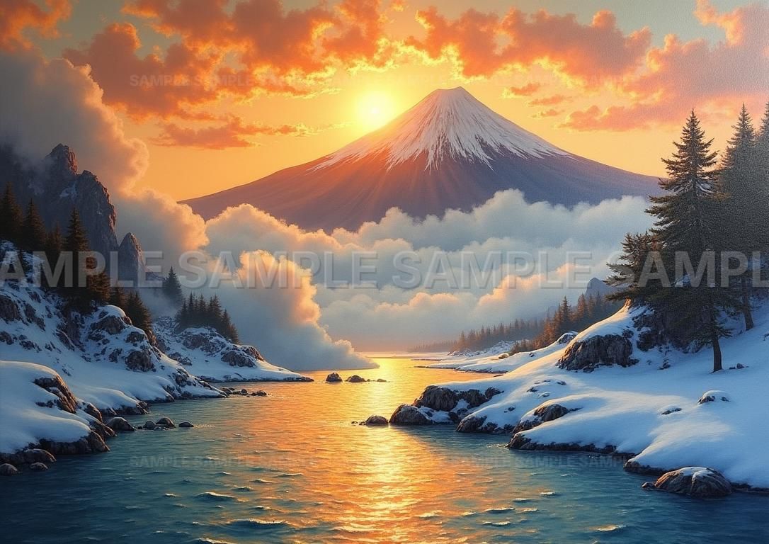 AIアート】【開運招福】絶景・富士山 厳冬の湖畔 朝焼け 縁起物 アート