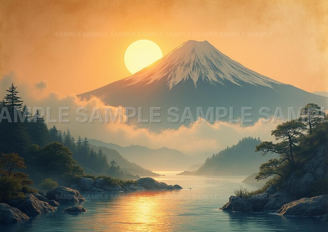 ★まぶしい朝・樹氷の唐松林２点F3サイズ油絵(OHMAMA) AIアート】【開運招福】厳島神社 富士山 太陽 湖畔 風景画 アート