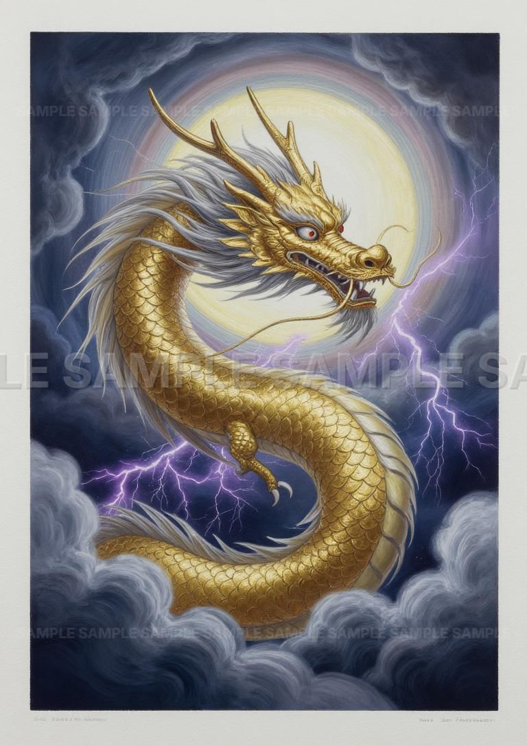 AIアート】【神秘の龍】雷鳴轟く夜空に輝く 黄金龍 アートポスター