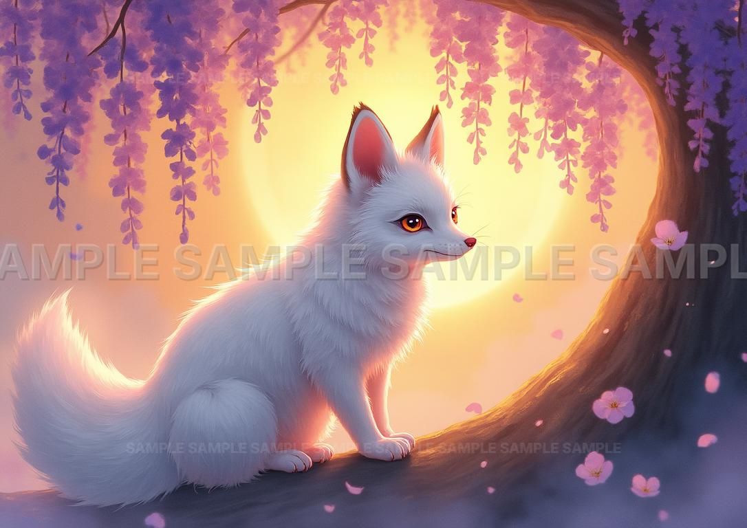 AIアート】【幻想的な白狐】月夜に咲く藤と桜、神秘的なアート作品