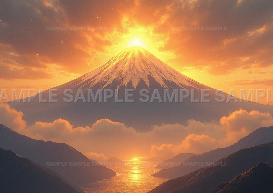 AIアート】【開運富士】黄金の太陽と霊峰の共演 壮大な山水画 風水