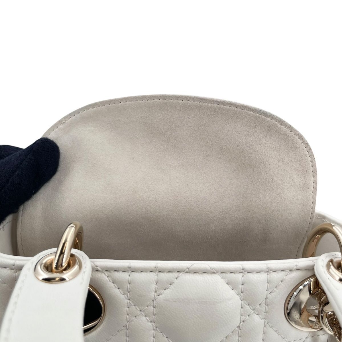 中古】Dior レディディオール ミニ カナージュ 白 ラムスキン ゴールド 