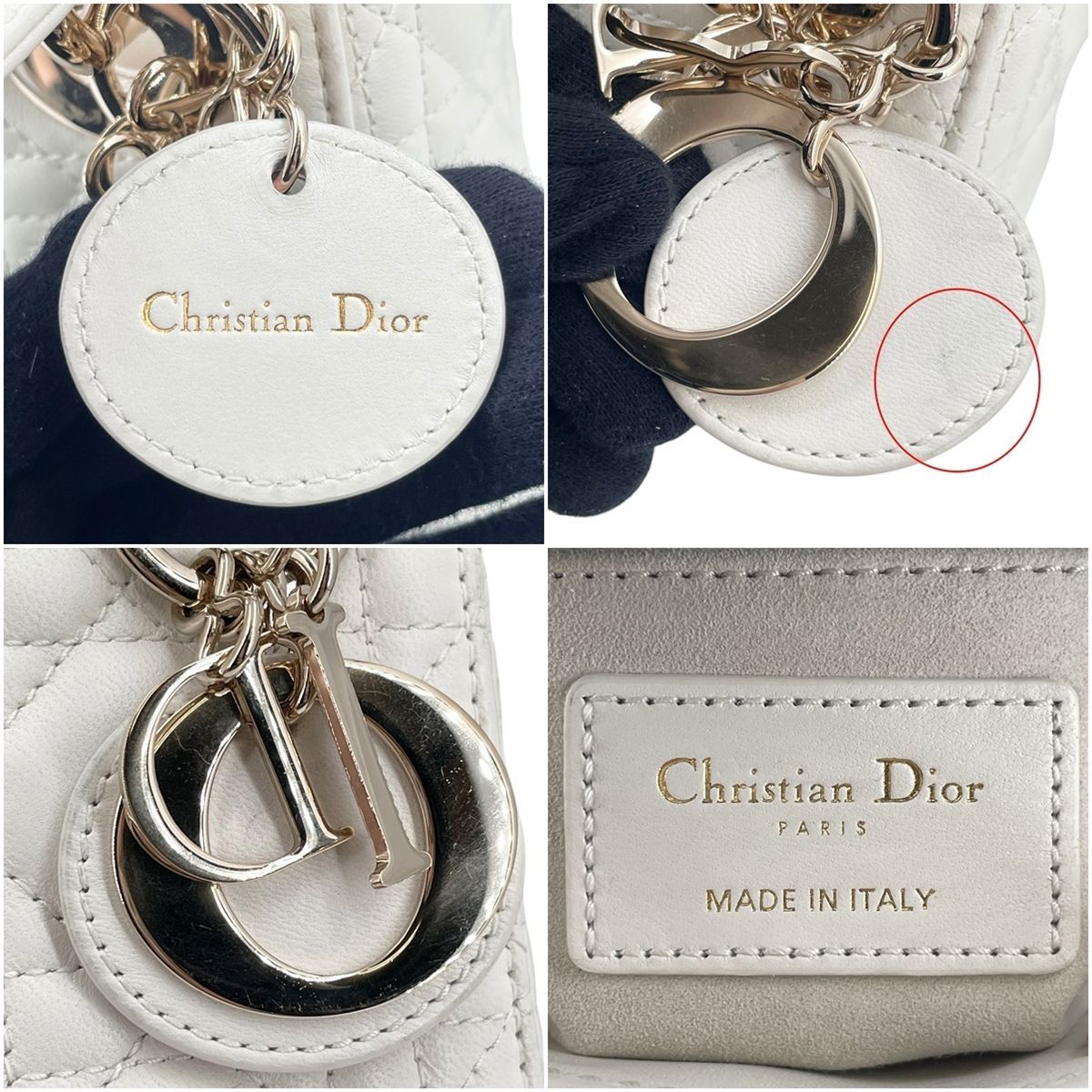 中古】Dior レディディオール ミニ カナージュ 白 ラムスキン ゴールド 