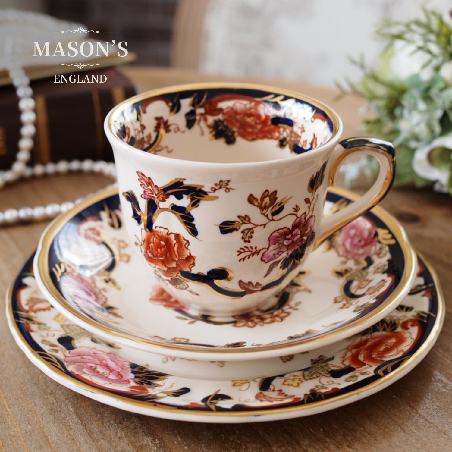 MASONSメイソンズ　マンダレイレッドトリオ 英国メイソンズ ブルーマンダレイ トリオ カップ＆ソーサー 17cm