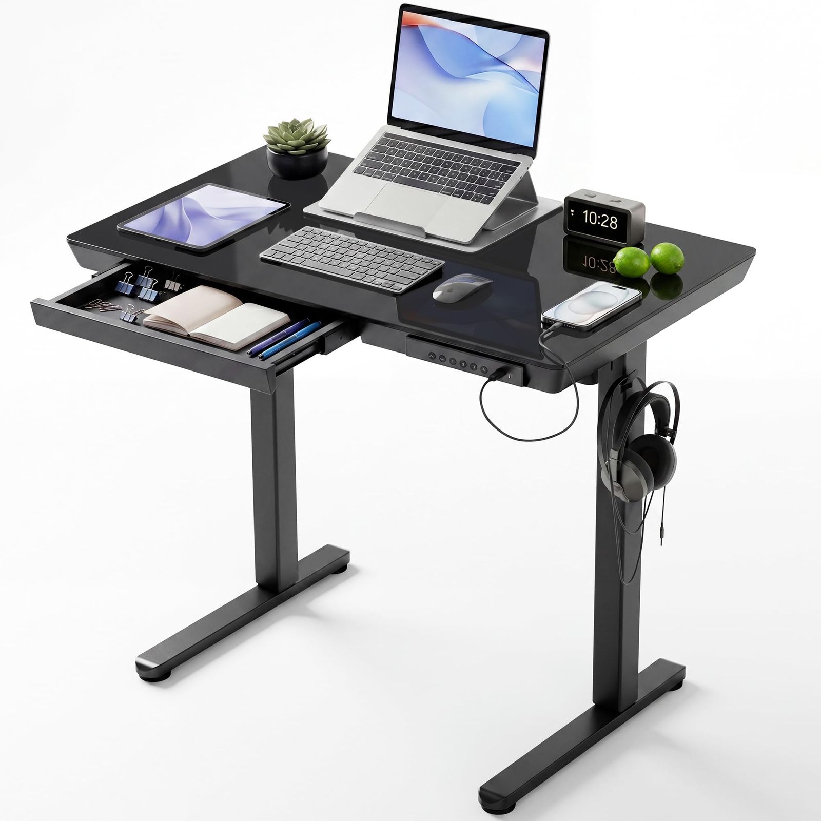 特価商品　引き出し付き スタンディングデスク USB-A/Type-C 充電ポート付 コンパクト 高さ調節 メモリー機能 静音モーター 幅90cm パソコンデスク 在宅勤務 ガラス天板 学習机 勉強机 電動昇降デスク PCデスク 省スペース Claiks 一人