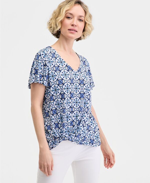 ジェイエムコレクション レディース トップス シャツ Vネック プリント JM Collection Womens Printed Short Sleeve VNeck TwistFrontop In
