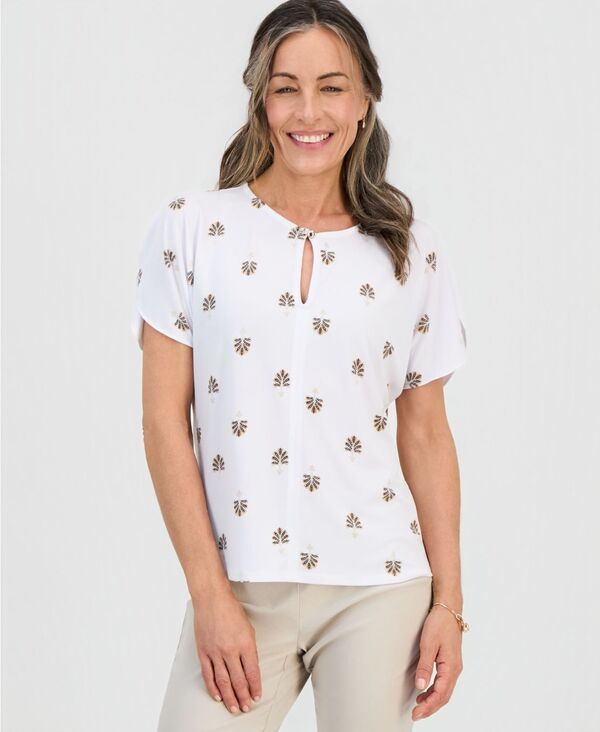ジェイエムコレクション レディース トップス シャツ プリント ニット JM Collection Womenshort Dolman Sleeve Printed Keyhole Knitop Br