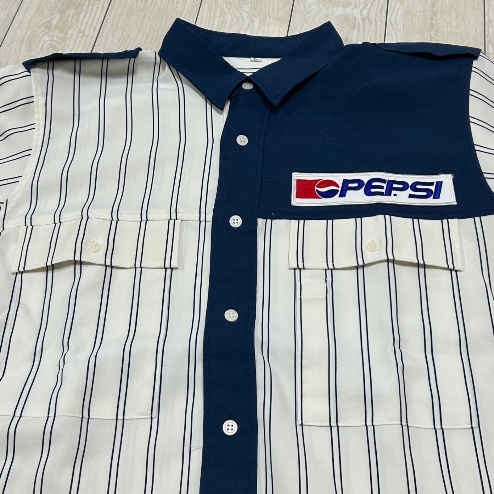 希少 PEPSI ペプシ ストライプ 企業ロゴ半袖シャツ L