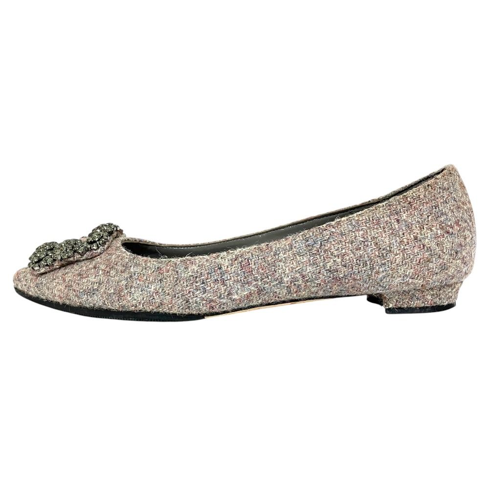 【美品】マノロブラニク ハンギシ フラットパンプス デニム ビジュー 21cm 美品 MANOLO BLAHNIK マノロブラニク ハンギシ ビジュー ツイード