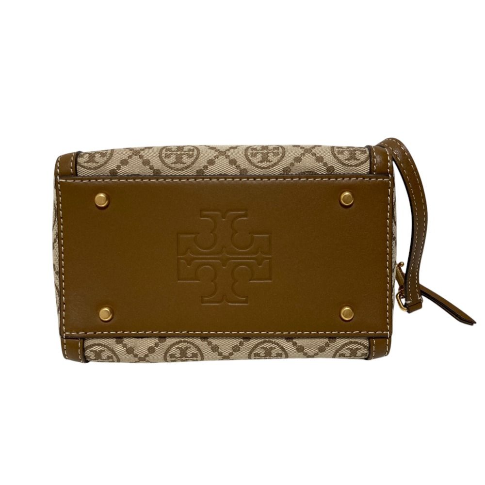 【美品】トリーバーチ Tモノグラム バレルバッグ 2way ショルダーバッグ 茶 良品 TORY BURCH トリーバーチ Tモノグラム ジャガード ミニ バレル