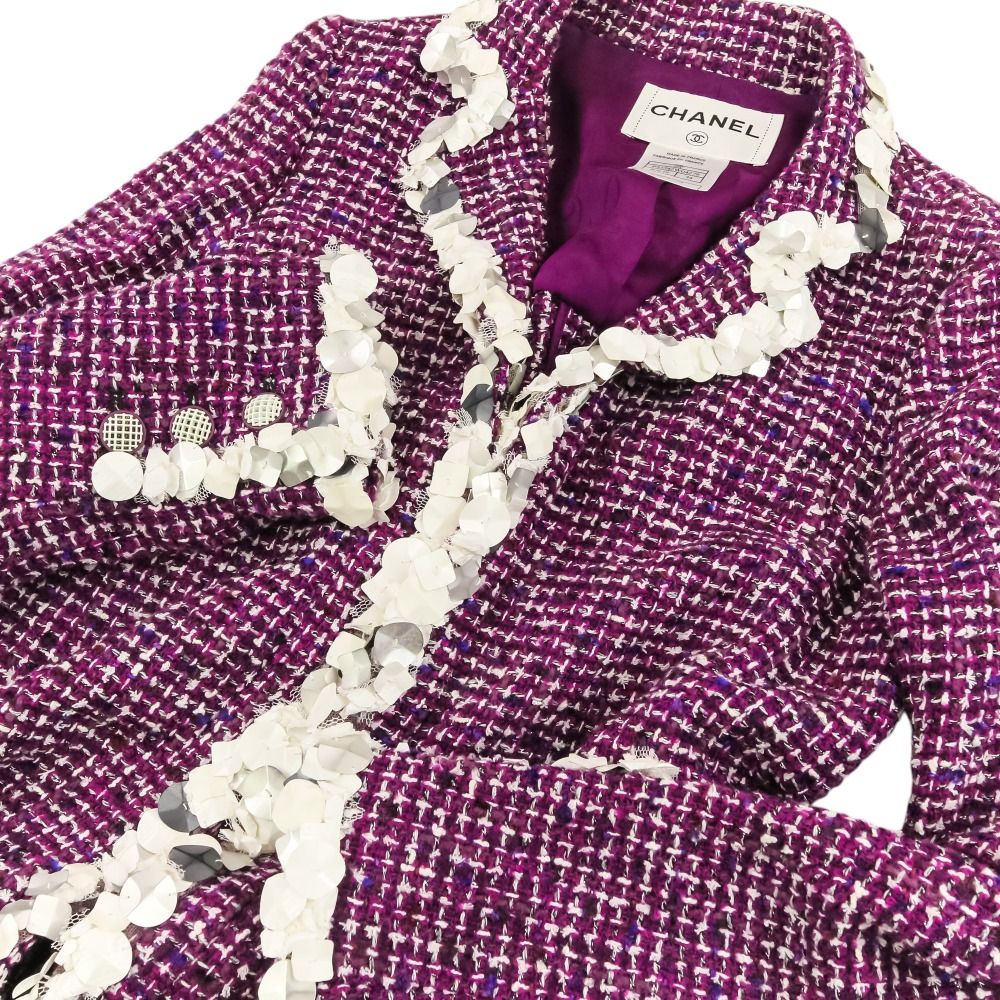 美品 09P CHANEL シャネル スパンコールトリム ツイードコート P35542