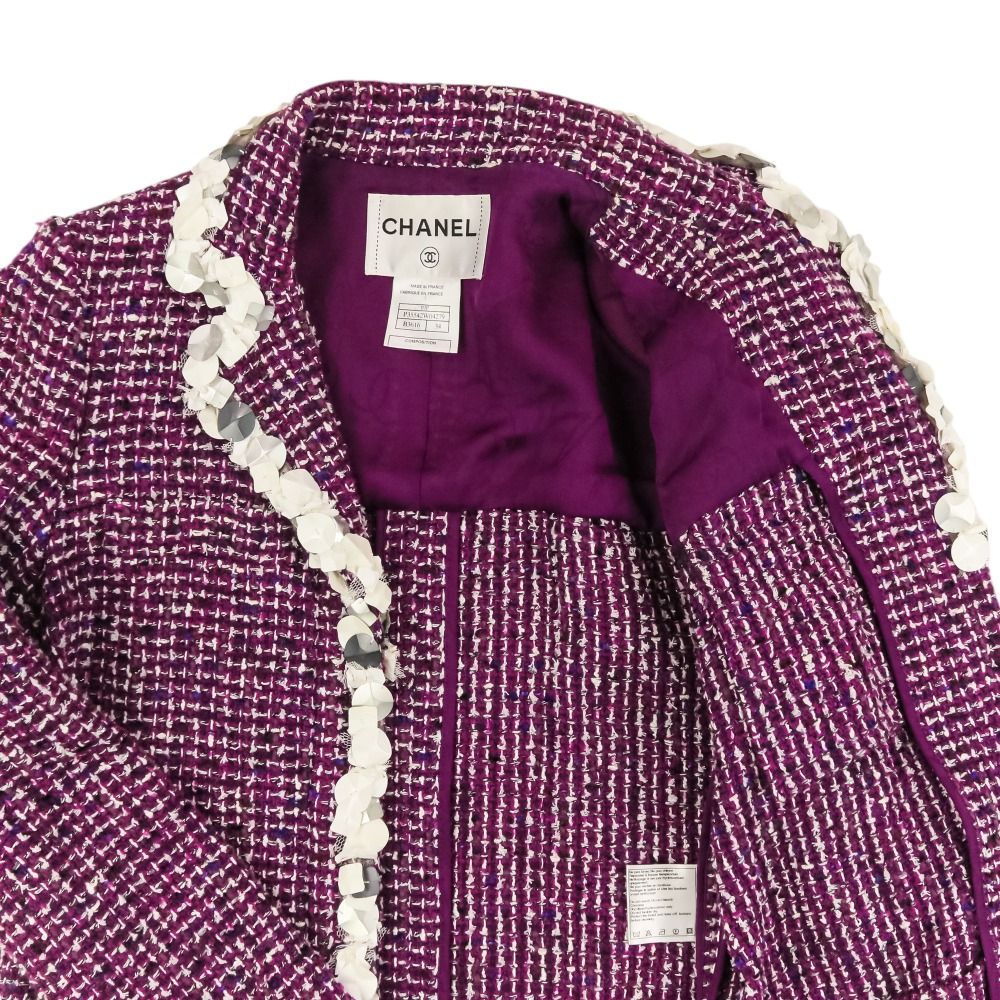 シャネル CHANEL ツイードコート 紫 美品 09P CHANEL シャネル スパンコールトリム ツイードコート P35542