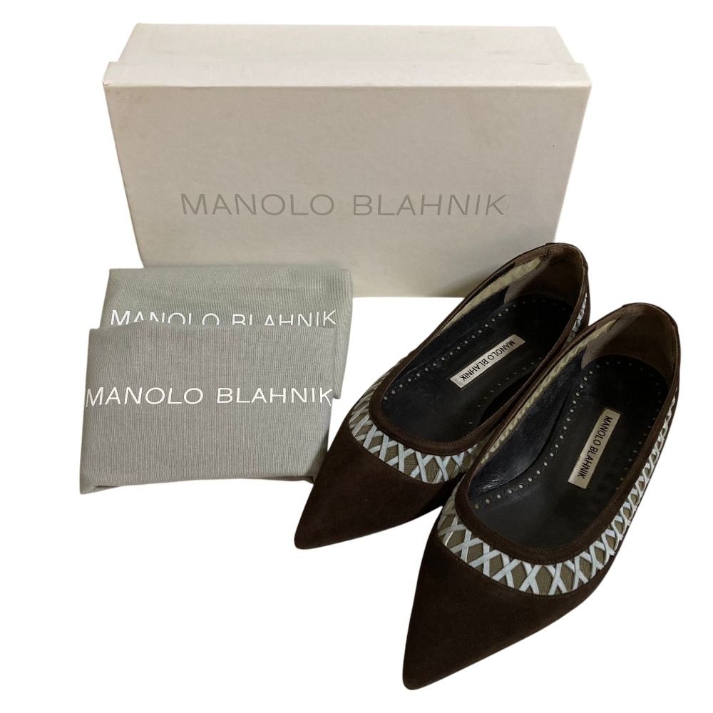 MANOLO BLAHNIK ブラウンフラットシューズ 38½ 美品 MANOLO BLAHNIK マノロブラニク スエード ポインテッドトゥ
