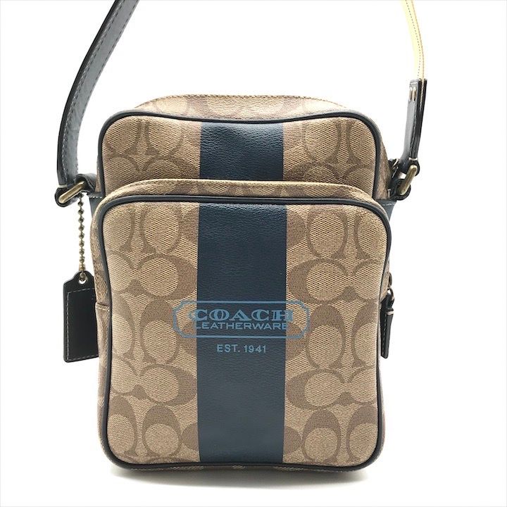 COACH コーチ ストライプ ショルダー バッグ 斜め掛け PVC レザー ブラウン ブルー k3302