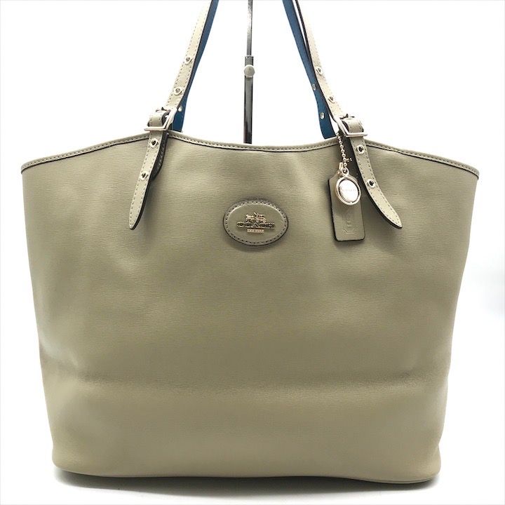 良品 COACH コーチ ロゴ金具 ゴールド金具 PVC トート バッグ ベージュ ブルー レディース ブランド 鞄 k4501