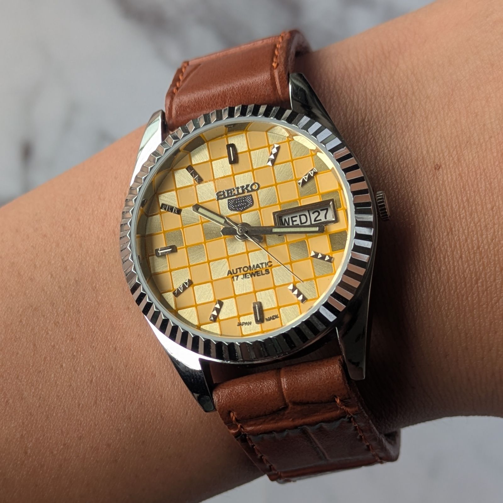 稼働品 SEIKO セイコー5 自動巻き ヴィンテージ ゴールド文字盤 格子 