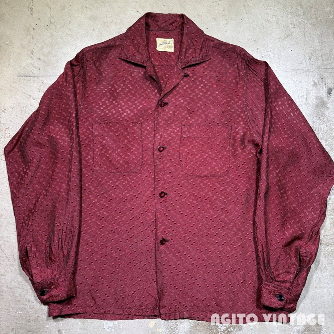 50's~ NATIONAL L/S オープンカラーシャツ 織柄 ポリエステル？ 化繊
