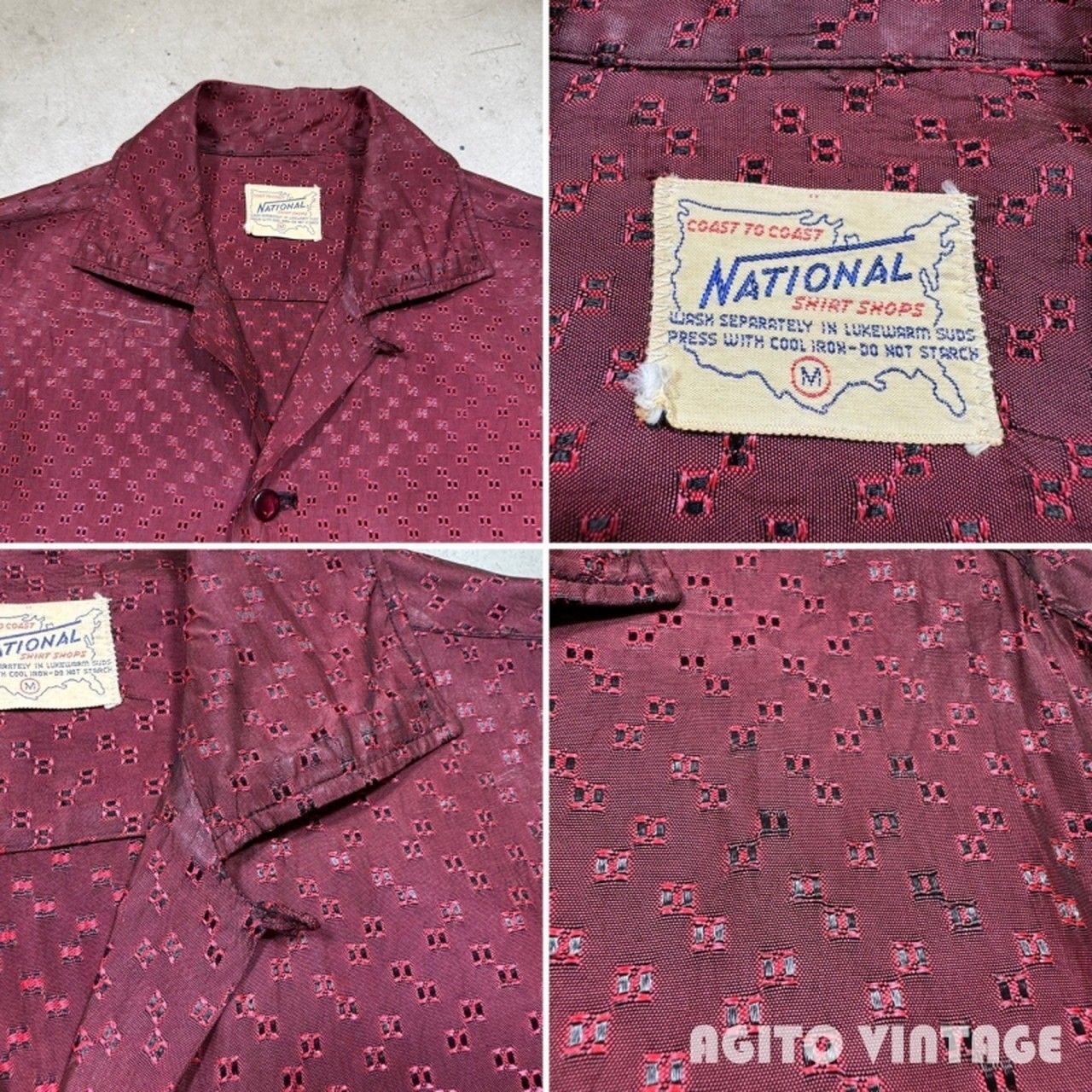50's~ NATIONAL L/S オープンカラーシャツ 織柄 ポリエステル？ 化繊 エンジ 開襟シャツ 長袖 Mサイズ 50's~ NATIONAL L/S オープンカラーシャツ 織柄 ポリエステル？ 化繊
