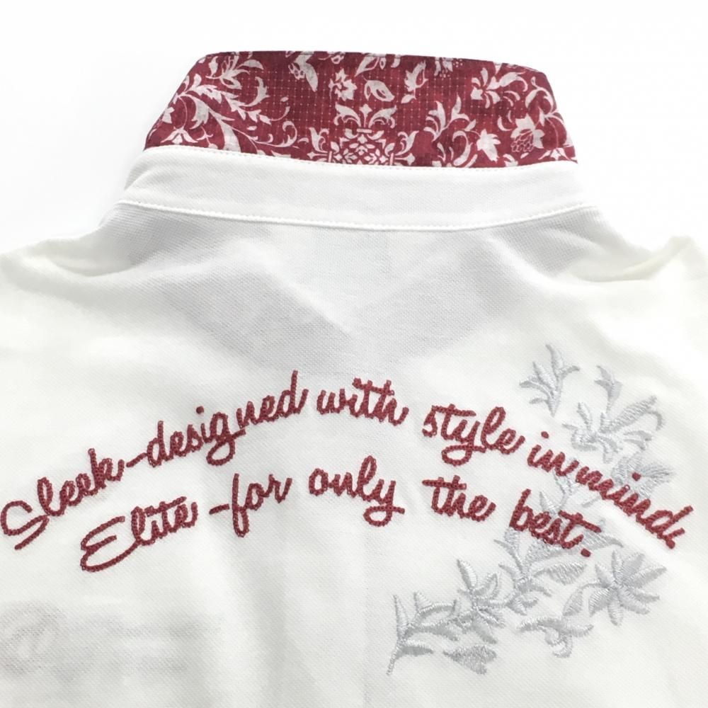 adabat ホワイト シャツ 花柄襟 美品】アダバット 半袖ポロシャツ 白×ボルドー ロゴ刺しゅう 襟裏花柄