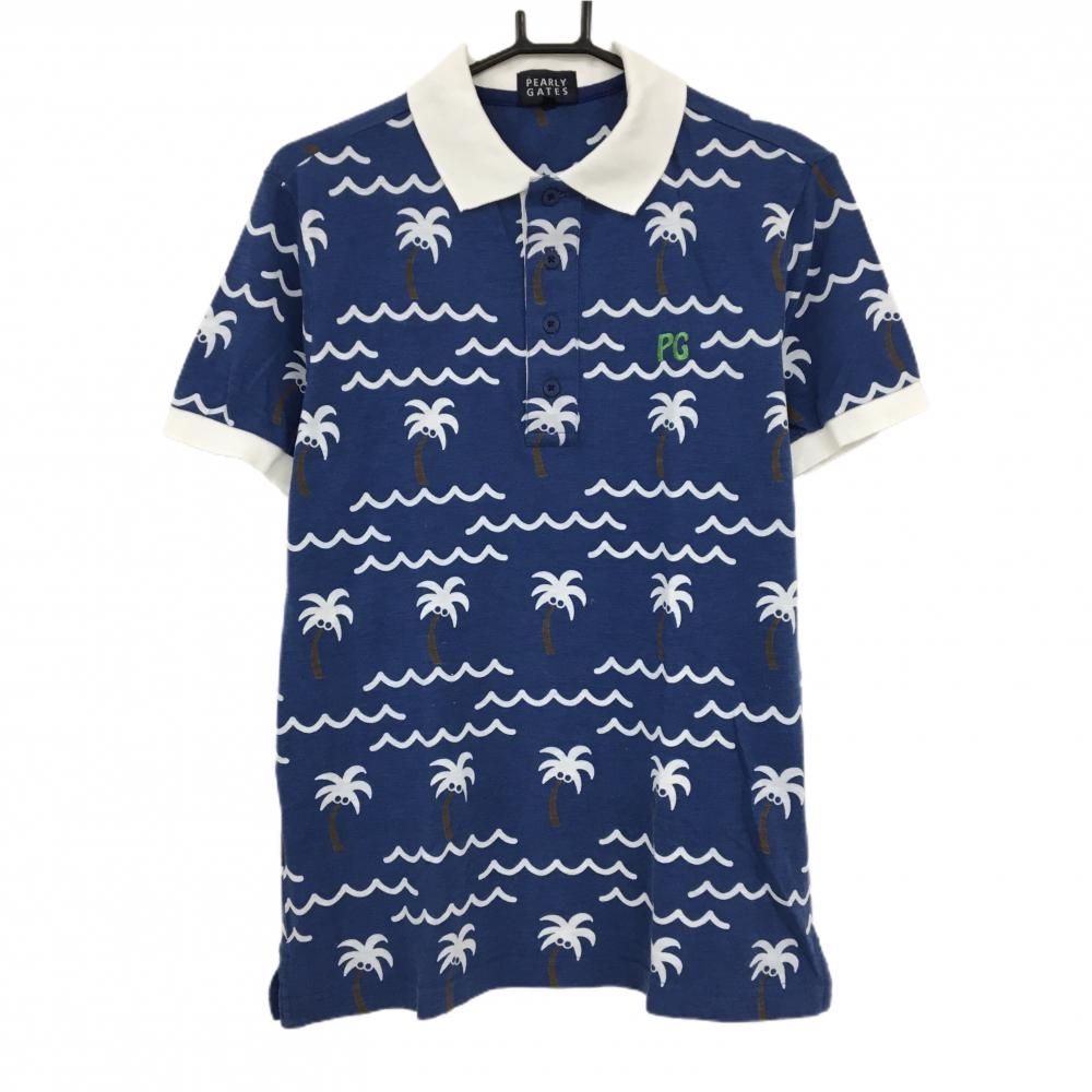 パーリーゲイツ 半袖ポロシャツ ネイビー×白 ヤシの木柄 メンズ 4(M