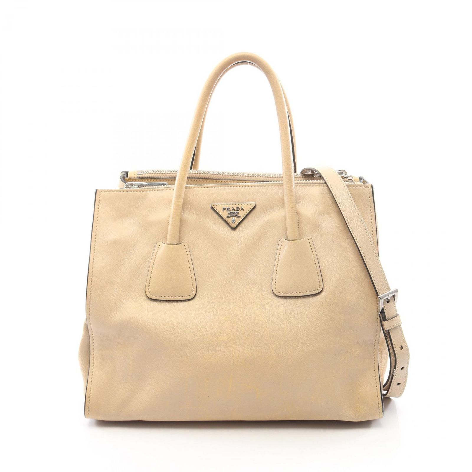 プラダ PRADA トートバッグ トライアングルロゴ 2WAY ライトベージュ レザー トライアングルロゴ 2wayトート レディース Used B
