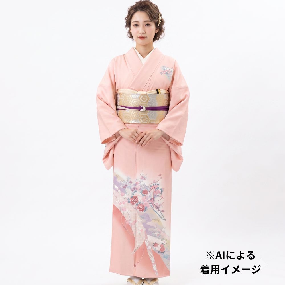 訪問着 未使用 仕付け糸付 リユース 着物 中古 正絹 袷 コーラルピンク
