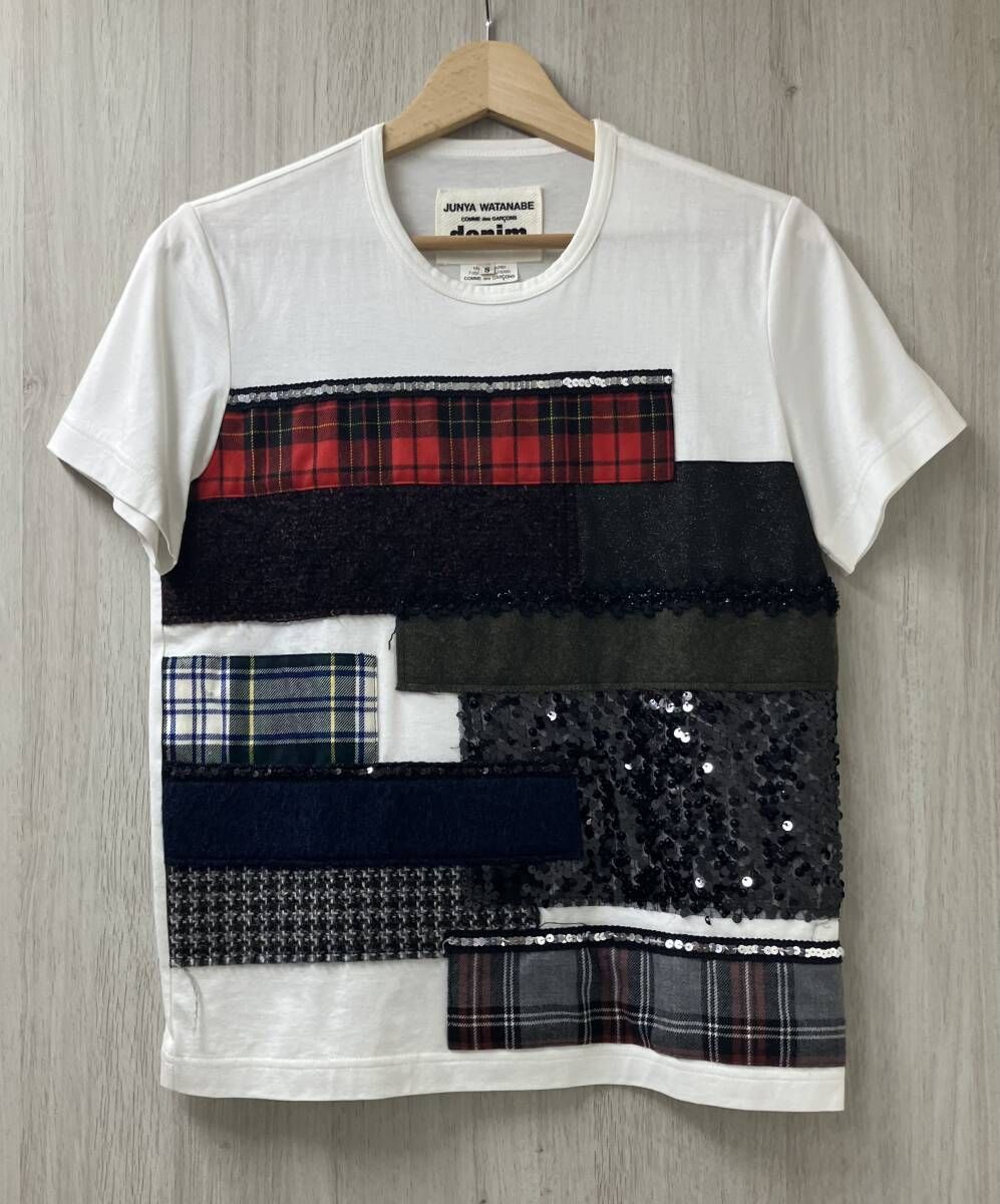 COMME des GARCONS コムデギャルソン JUNYA WATANABE ジュンヤワタナベ denim パッチワーク 半袖Tシャツ サイズS ホワイト AD2014