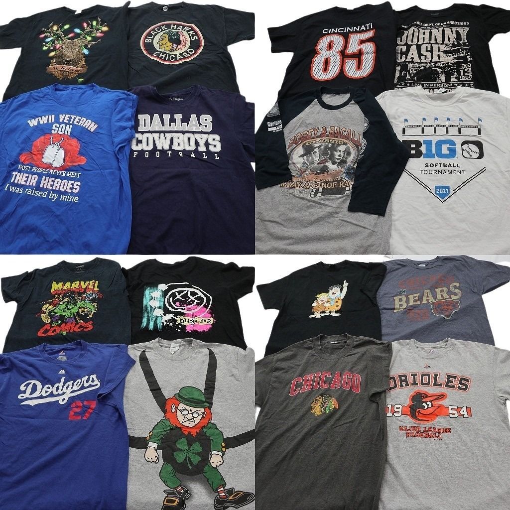 古着卸 まとめ売り プリント Tシャツ 16枚セット ( メンズ L ) プロチーム NFL NHL MLB マーベル ドジャース 中古 古着 NF5268