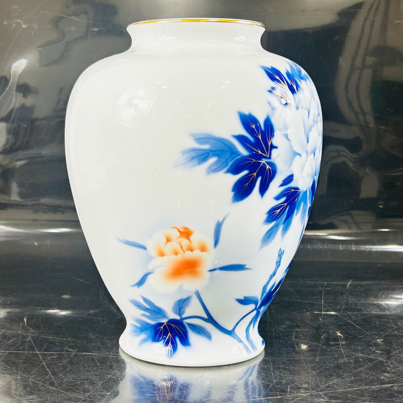 NC4065 深川製磁 有田焼 宮内庁御用達 牡丹 朱色牡丹 花瓶 壺 W20cm
