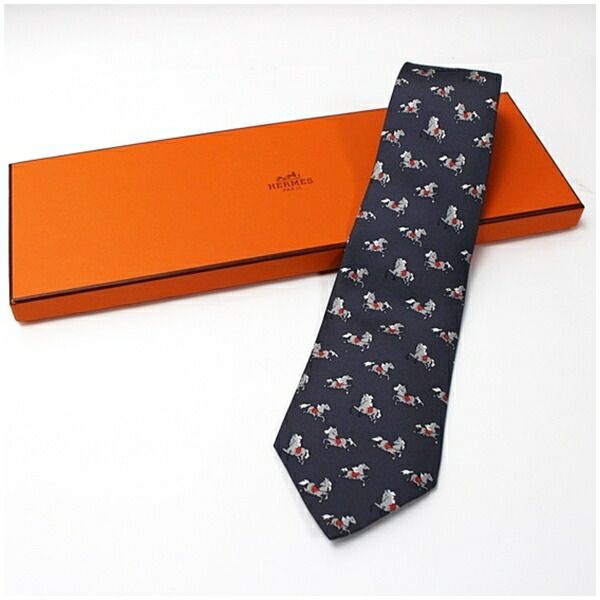 エルメス シルク ネクタイ 馬・騎手柄 中古 ABランク HERMES メンズ ビジネス 箱付き