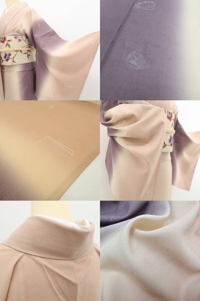【単衣】しつけ付き 格子紬 トールサイズ裄丈70 正絹着物 美品・夏紬】夏単衣 希少トールサイズ 楽器柄 夏着物 正絹 仕付け糸付