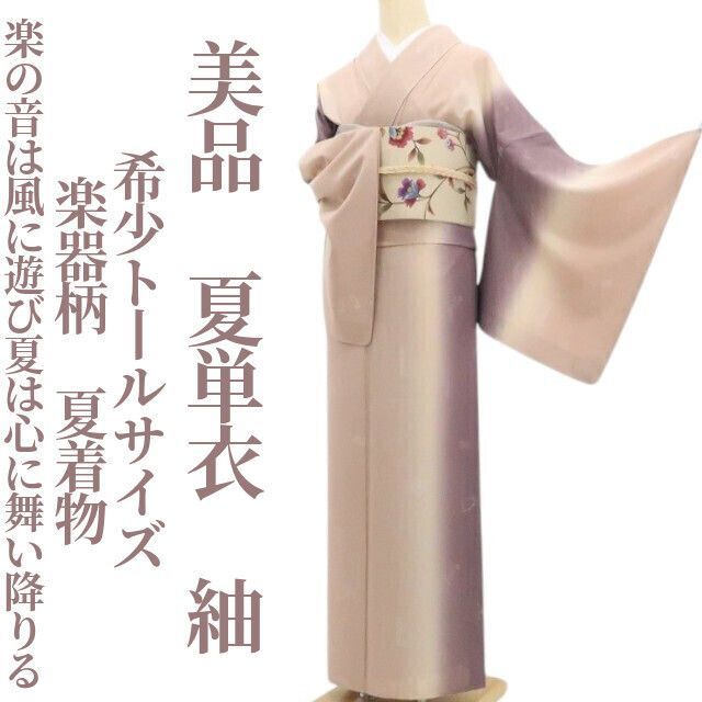 美品・夏紬】夏単衣 希少トールサイズ 楽器柄 夏着物 正絹 仕付け糸付