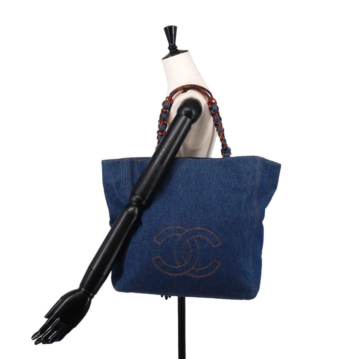 美品 シャネル CHANEL べっ甲調 プラチェーン トート バッグ デニム
