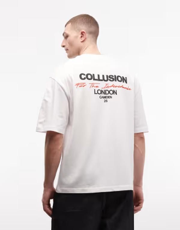 コルージョン メンズ トップス Tシャツ プリント ロゴ COLLUSION oversized tshirt with logo print WHITE ホワイト