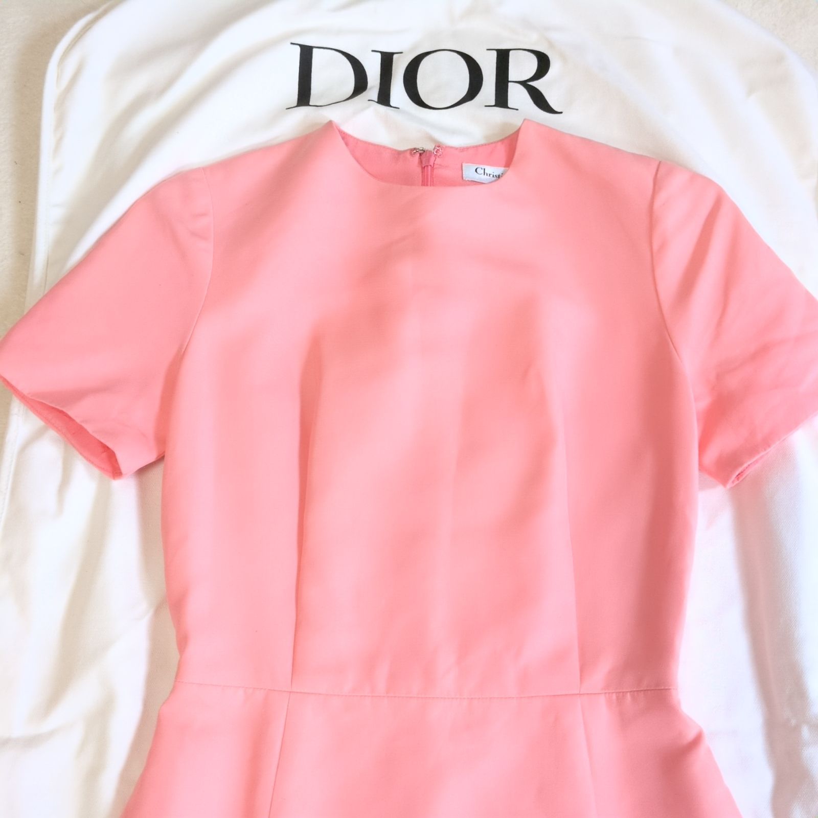 Christian Dior 半袖ワンピース 8号 ピンク 人気✨Christian Dior クリスチャンディオール ビーズ装飾ワンピース