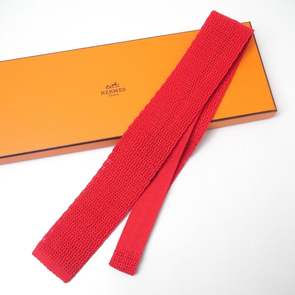 □美品□HERMES エルメス ネクタイ H刺繍 コットン ニットタイ ドイツ