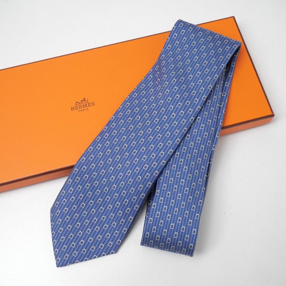 美中古　エルメス ネクタイ □美品□HERMES エルメス ネクタイ シルクツイル 鐙柄 幅8cm フランス