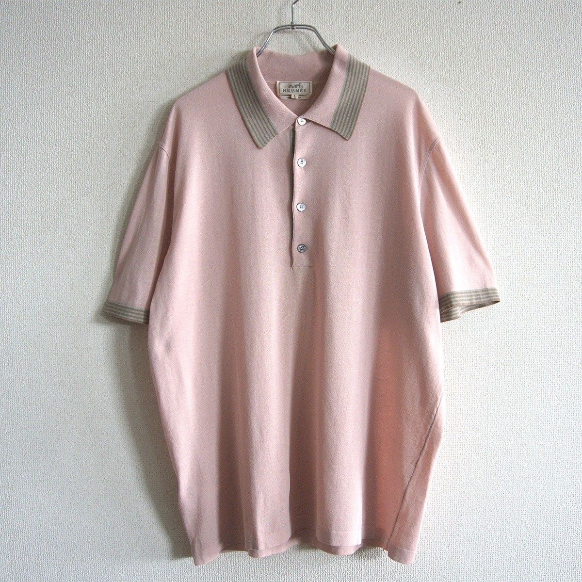 高級品】 HERMES 【コットン ニット ポロシャツ】L ピンク イタリア製
