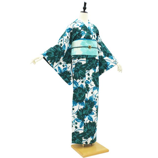 中古】 洗える着物 小紋 着物 袷 リサイクル ポリエステル 白地 青緑