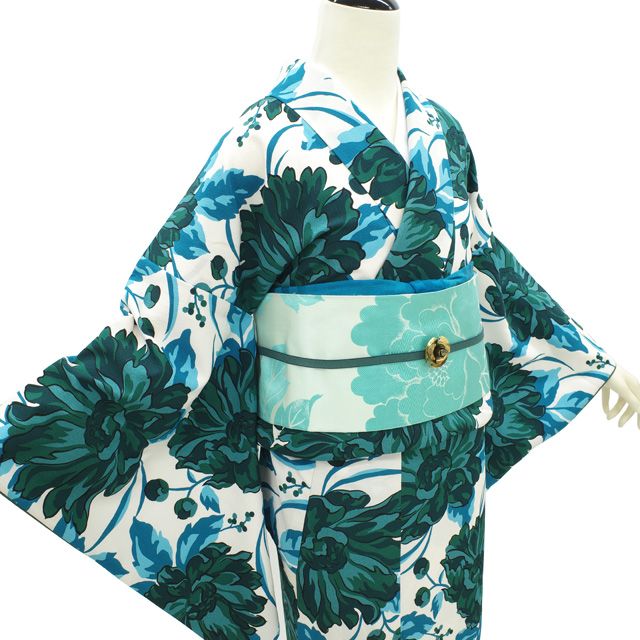 中古】 洗える着物 小紋 着物 袷 リサイクル ポリエステル 白地 青緑