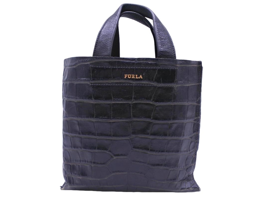 FURLA　レディ　Lサイズ　クロコ柄　ハンドバッグ FURLA フルラ 本革 レザー クロコ型押し ハンド バッグ 黒