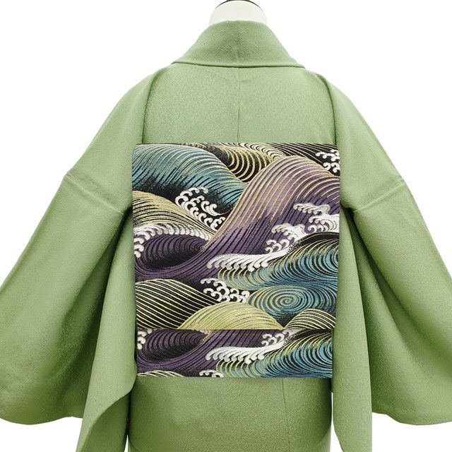 新古品】 袋帯 西陣 正絹 金銀糸 黒地 青緑 黄緑 紫 波文様 流水