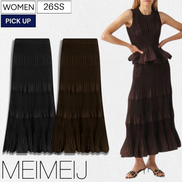 【定価63,800円(税込)】MEIMEIJ メイメイジェー アクセント抜群のストレッチプリーツデザインで大人の上品な女性らしさを演出するストレッチプリーツフレアスカート ギャザー ミディアム丈 Aライン ブラック ブラウン 32624018 レディース イ