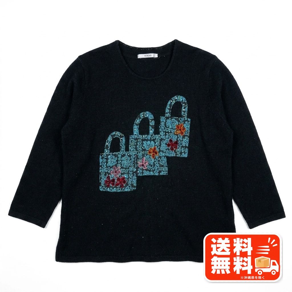 ACROSS アクロス 長袖カットソー ブラック バッグモチーフ プリント