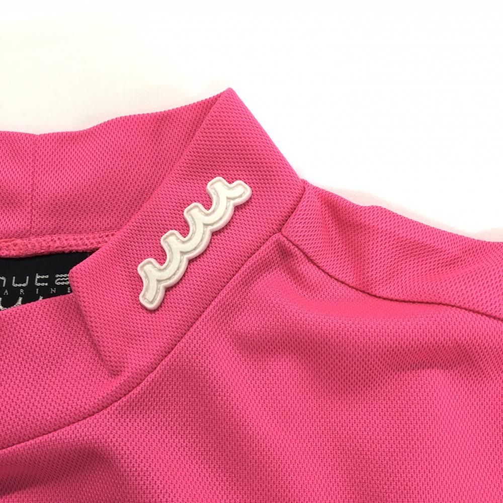 超美品】ムータマリン 半袖ハイネックシャツ 蛍光ピンク×グレー系 ロゴ