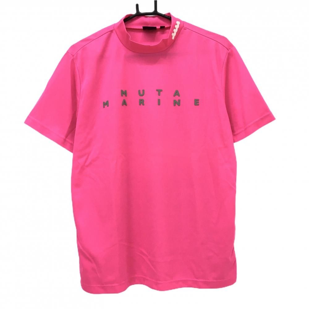 超美品】ムータマリン 半袖ハイネックシャツ 蛍光ピンク×グレー系 ロゴ