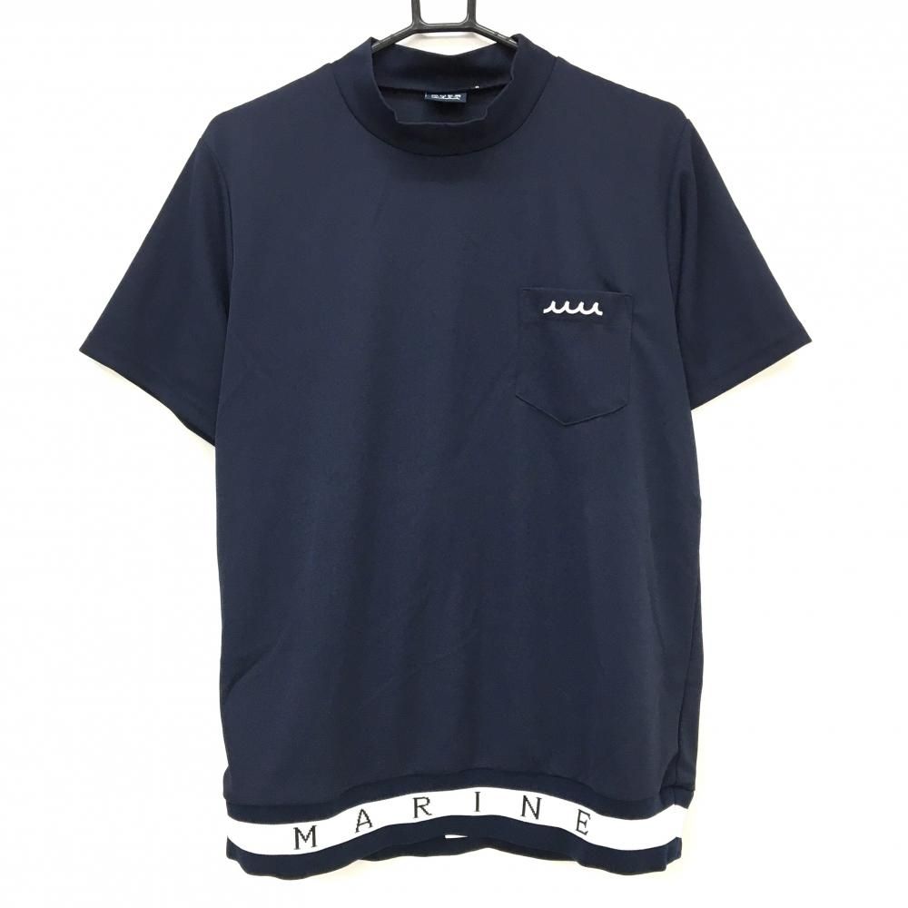 超美品】ムータマリン 半袖ハイネックシャツ ネイビー×白 胸ポケット