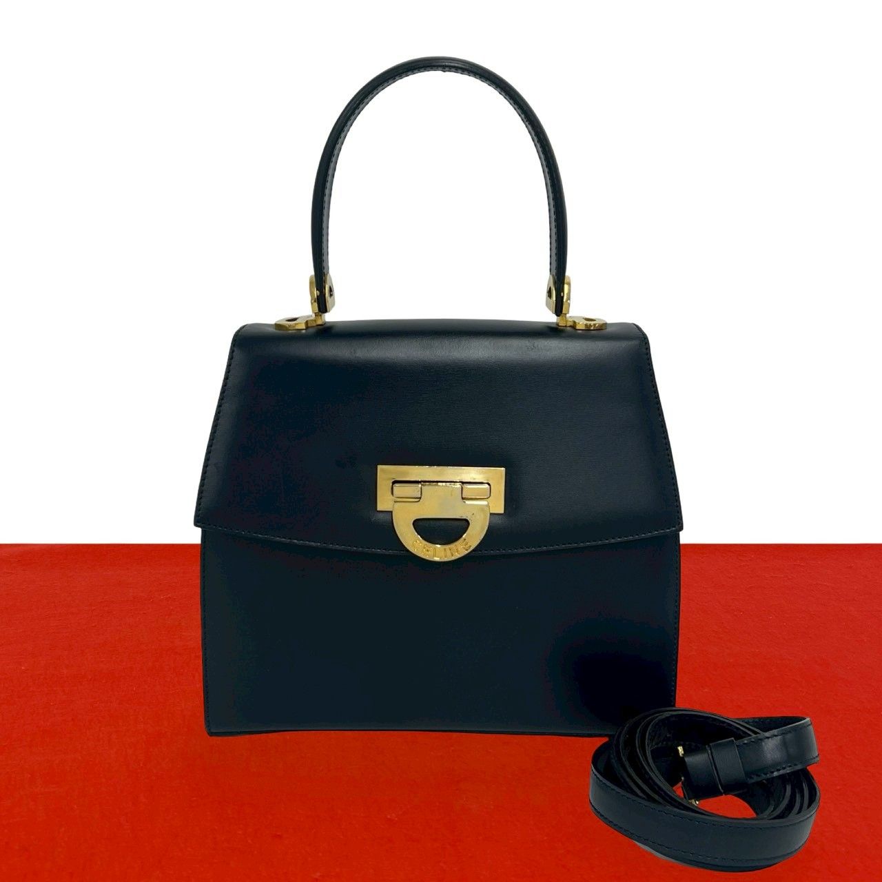 極 美品 CELINE セリーヌ ヴィンテージ ロゴ 金具 カーフ レザー 本革