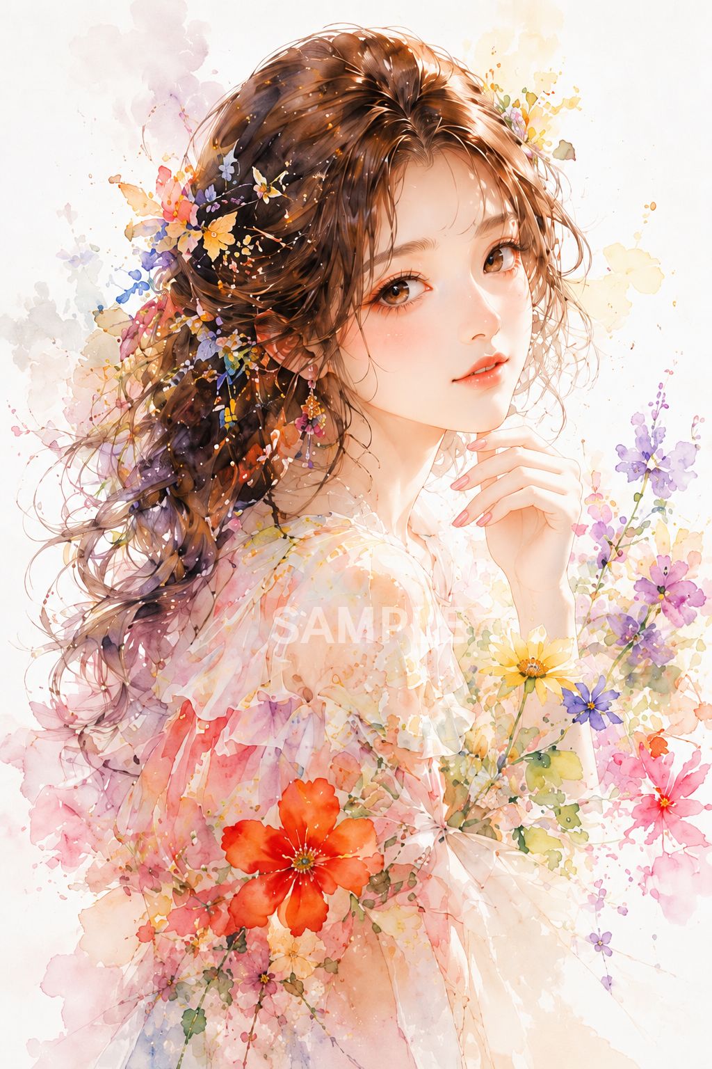 フラワーアート 女性の肖像画 541 2Lサイズ 女性イラスト フラワーアート 美人 ポスター インテリア