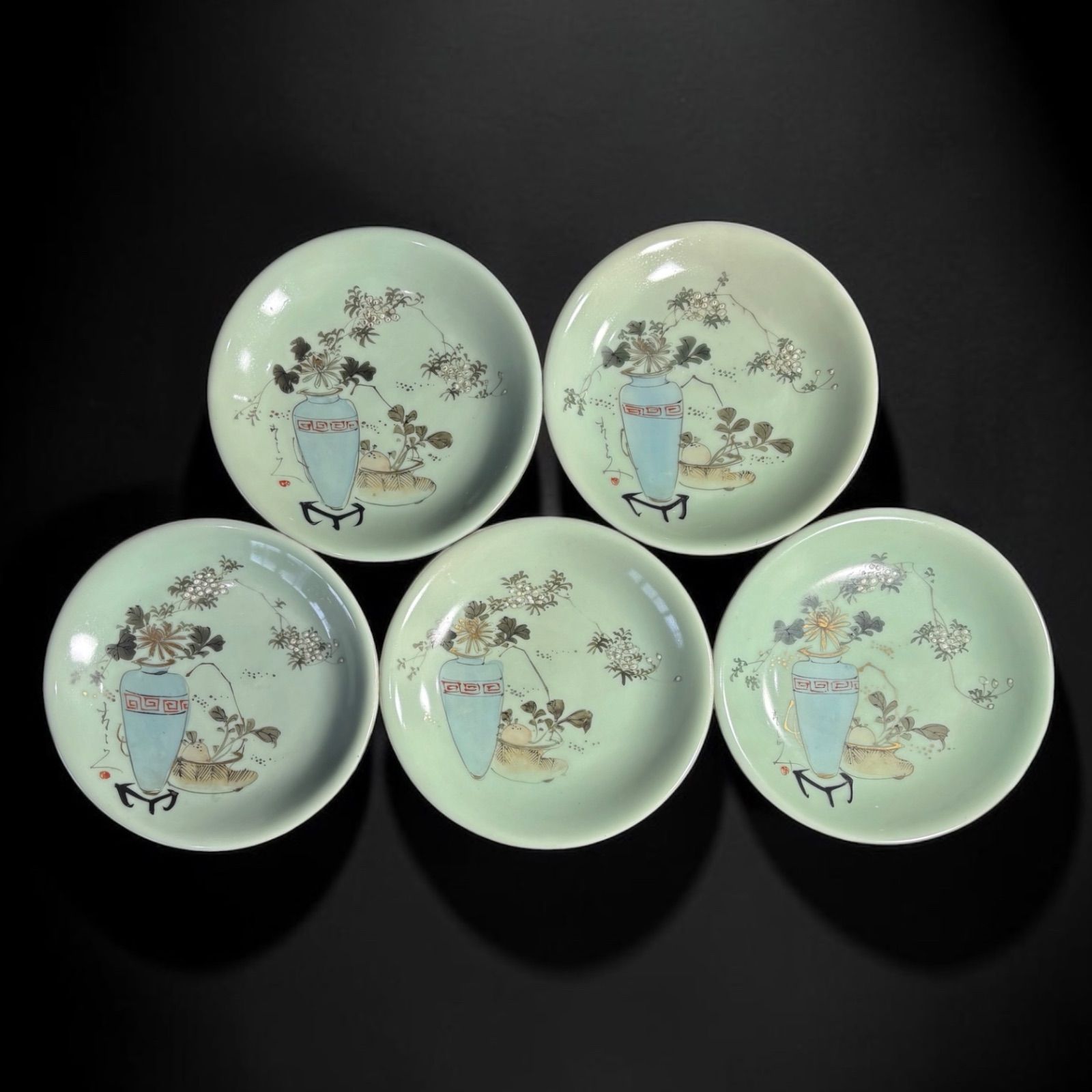 5客セット】 古伊万里 青磁 花瓶草花文図 丸皿 平皿 飾皿 和食器 陶器